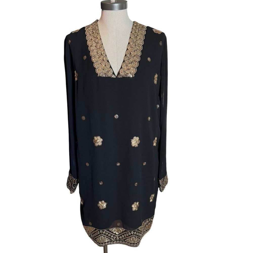 Endless Rose Black Gold Sequin Embroidered V-Neck Shift Dress CH20542D7RR Size S